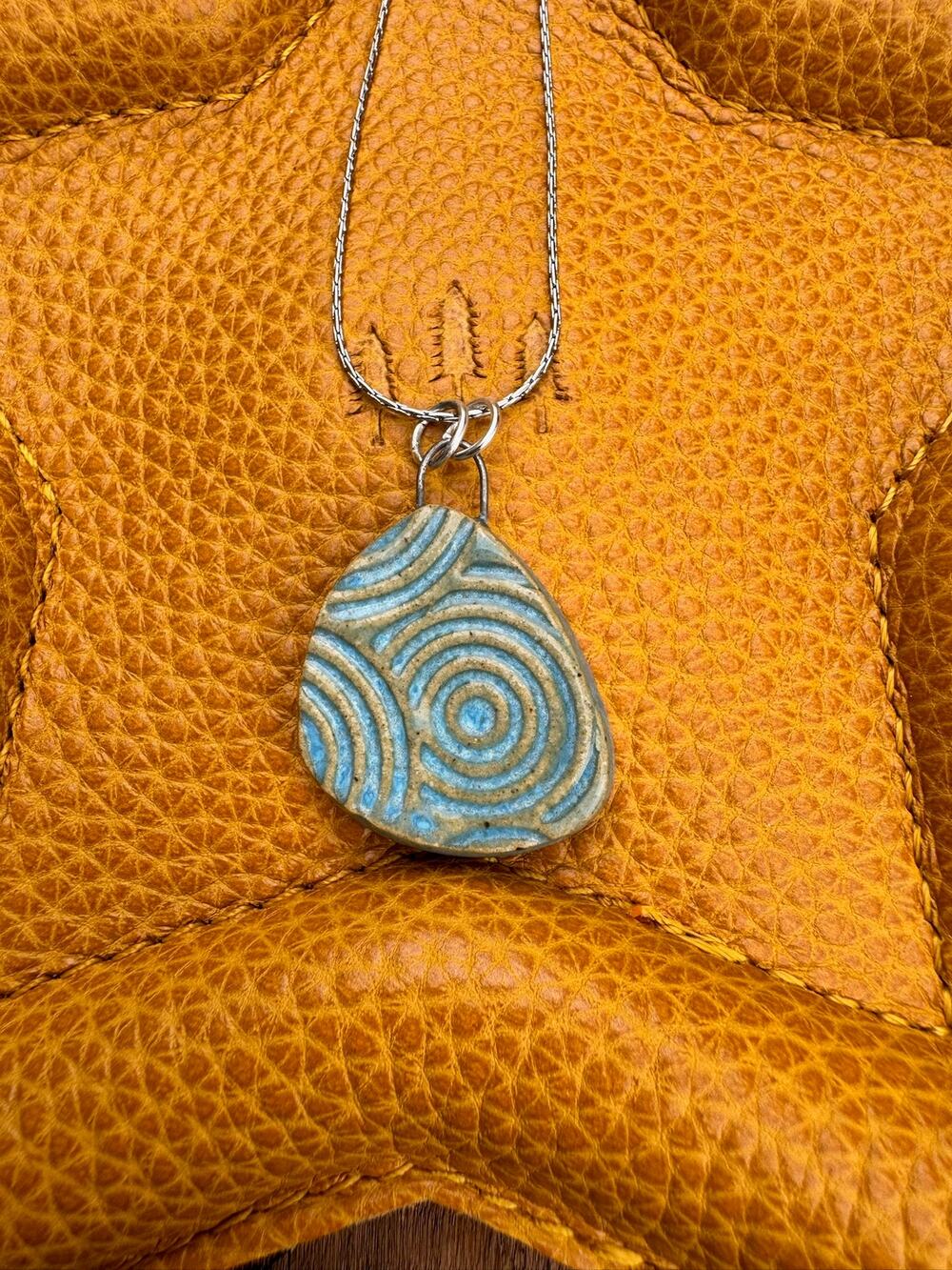 Boho Blue Circles Necklace Handmade Pendant Ceramic Necklace Medallion Jewelry